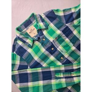 Hollister California Plaid Long Sleeve Button Up Shirt Men's XL Green Blue White